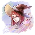  1girl bob_cut cherry closed_mouth cupcake fire_emblem fire_emblem_awakening food fruit glasses hair_tubes hat liefe medium_hair miriel_(fire_emblem) portrait red-framed_eyewear redhead turtleneck witch_hat 