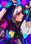  1boy arm_up blue_background braid closed_mouth commentary english_text fingerless_gloves gloves green_eyes grey_hair hair_between_eyes hair_ornament hand_on_own_head highres hood jodio_joestar jojo_no_kimyou_na_bouken male_focus purple_background short_hair side_braid single_braid smile solo star_(symbol) star_hair_ornament starry_background the_jojolands two-tone_background upper_body yuu_(primenumber7) 