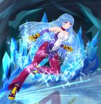  1girl bangs bare_shoulders blue_hair bodysuit breasts choker codael cryokinesis full_body gloves highres ice kula_diamond long_hair medium_breasts purple_choker red_eyes the_king_of_fighters yellow_gloves zipper 