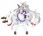  2girls ahoge animal_ears blue_eyes blush bow bowtie brown_footwear carrying didi_(whaqlrpwjd) fang full_body grey_hair hair_ornament hairband hand_on_another&#039;s_shoulder headband horse_ears horse_girl horse_tail long_hair looking_at_viewer multiple_girls notice_lines oguri_cap_(umamusume) open_mouth princess_carry purple_shirt sailor_collar school_uniform shirt shoes short_sleeves simple_background skirt smile standing tail tamamo_cross_(umamusume) thigh-highs tracen_school_uniform umamusume v-shaped_eyebrows white_background white_skirt white_thighhighs 
