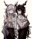  2boys absurdres animal_ears arknights bangs black_hair black_skirt brown_background closed_mouth crossed_arms ebenholz_(arknights) eyebrows_hidden_by_hair grey_eyes grey_hair hair_between_eyes highres horns i_(pixiv27212731) kreide_(arknights) long_sleeves male_focus multiple_boys puffy_long_sleeves puffy_sleeves shirt simple_background skirt sleeves_past_wrists smile tail tail_through_clothes white_shirt 