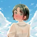  1girl after_school_lessons_for_unripe_apples blue_sky blush clouds day green_eyes highres hwang_mi-ae looking_at_viewer looking_back outdoors palettebaibailu short_hair short_sleeves sky solo upper_body wet wet_hair 