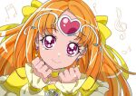  1girl absurdres bangs choker clenched_hands cure_muse_(yellow) earrings heart heart_earrings highres jewelry long_hair long_sleeves looking_at_viewer magical_girl orange_hair parted_bangs pink_eyes precure shirabe_ako smile solo suite_precure tsukikage_oyama yellow_choker 