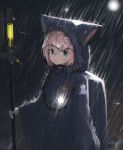  1girl animal_ears animal_hood arknights bangs black_choker black_jacket blue_eyes choker commentary_request fake_animal_ears gloves hair_between_eyes highres holding hood hood_up hooded_jacket izumo_(ton_63) jacket long_sleeves looking_at_viewer night outdoors parted_lips pink_hair rain solo sussurro_(arknights) white_gloves 