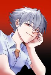  1boy black_background gradient_background grey_hair hair_between_eyes hand_up highres looking_at_viewer male_focus nagisa_kaworu neon_genesis_evangelion red_background red_eyes school_uniform shirt short_hair smile upper_body white_shirt yari7001 