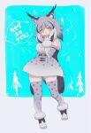  1girl animal_print bare_shoulders canadian_lynx_(kemono_friends) cat_print center_frills detached_sleeves frills fur_trim gloves grey_fur grey_hair grey_shirt high-waist_skirt kemono_friends lynx_ears lynx_girl lynx_tail multicolored_hair notora print_gloves print_skirt print_thighhighs shirt short_hair skirt solo translation_request white_hair yellow_eyes zettai_ryouiki 