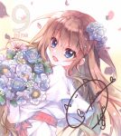  1girl 9-nine- absurdres bangs blue_eyes blue_flower blue_rose bouquet capelet cat copyright_name crystal_hair_ornament dress eyelashes falling_petals flower gradient_background hair_between_eyes hair_flower hair_ornament hair_spread_out happy heart highres holding holding_bouquet izumi_tsubasu kujou_miyako light_brown_hair light_particles long_hair long_sleeves official_art open_mouth petals red_sash rose sash scan shikishi sidelocks signature simple_background smile solo third-party_edit upper_body very_long_hair wavy_hair white_capelet white_dress yellow_background 