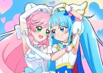  2girls ahoge arm_up armband armpits ascot bangs blue_bow blue_cape blue_dress blue_eyes blue_hair blush bow braid cape closed_mouth commentary cure_prism cure_sky cut_bangs dress earrings elbow_gloves gloves green_eyes hair_bow hair_ornament heart hirogaru_sky!_precure jewelry long_hair looking_at_another magical_girl multicolored_hair multiple_girls nijigaoka_mashiro open_mouth pink_hair precure side-by-side sleeveless sleeveless_dress smile sora_harewataru streaked_hair symmetrical_hand_pose tiler_(tiler00) twin_braids twintails two-tone_hair white_ascot white_bow white_dress white_gloves 