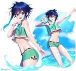  1boy ;p absurdres alternate_costume androgynous annidrw bangs bikini black_hair blue_eyes blue_hair bracelet braid commentary english_commentary genshin_impact gradient_hair green_bikini highres in_water jewelry male_focus multicolored_hair one_eye_closed open_mouth otoko_no_ko short_hair_with_long_locks smile solo sparkle swimsuit thumbs_up tongue tongue_out twin_braids v venti_(genshin_impact) 