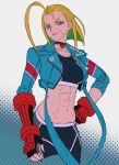  1girl abs armored_gloves blonde_hair blue_eyes cammy_white choker collarbone crop_top cropped_jacket fingerless_gloves gloves highres jacket navel scar scar_on_cheek scar_on_face short_hair solo street_fighter street_fighter_6 urasato 