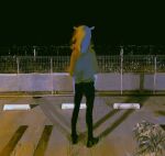  1girl amputee azigashimitoru black_footwear black_pants black_sky city_lights cityscape facing_away fence from_behind full_body grass highres long_hair night original outdoors pants parking_block parking_lot plant_request scenery shadow solo standing 