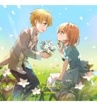  1boy 1girl aged_down aqua_dress blonde_hair blue_eyes blue_pants boots cherry_blossoms couple curly_hair day dress eihi flower highres kneeling lieselotte_riefenstahl official_art on_grass open_mouth outdoors pants puffy_short_sleeves puffy_sleeves short_hair short_sleeves siegwald_fitzenhagen smile sunlight tsundere_akuyaku_reijou_lieselotte_to_jikkyou_no_endou-kun_to_kaisetsu_no_kobayashi-san yellow_eyes 