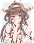  1girl ahoge bare_shoulders blush brown_hair dairyo3 detached_sleeves double_bun fingernails grin hair_bun hand_on_own_cheek hand_on_own_face highres japanese_clothes kantai_collection kongou_(kancolle) kongou_kai_ni_(kancolle) long_hair looking_at_viewer nontraditional_miko ribbon-trimmed_sleeves ribbon_trim sidelocks smile solo upper_body violet_eyes white_sleeves wide_sleeves 