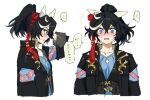  1girl animal_ears black_hair black_jacket black_vest blue_eyes blue_shirt blush didi_(whaqlrpwjd) ear_covers embarrassed hair_ornament hand_in_own_hair horse_ears jacket katsuragi_ace_(umamusume) long_sleeves motion_lines multicolored_hair multiple_views nose_blush open_clothes open_jacket open_mouth pony shirt short_hair solo speech_bubble streaked_hair sweat translation_request umamusume vest white_background 