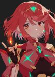  1girl armor bangs black_background blush bob_cut chest_jewel dangle_earrings earrings fingerless_gloves fire gloves highres impossible_clothes jewelry kinagi_(3307377) pyra_(xenoblade) pyrokinesis red_eyes redhead short_hair shoulder_armor smile swept_bangs tiara upper_body xenoblade_chronicles_(series) xenoblade_chronicles_2 