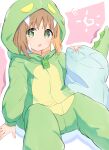  +_+ 1girl :o blonde_hair brown_hair colored_inner_hair commentary dinosaur_costume fang green_eyes highres hood hood_up long_sleeves looking_at_viewer multicolored_hair oka_asahi onesie onii-chan_wa_oshimai! open_mouth pillow simple_background sitting solo tail tetesudeesu two-tone_hair zipper_pull_tab 