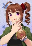  1girl :q ahoge bagel black_shirt brown_hair collarbone drill_hair food food_on_face green_jacket hair_ornament hair_scrunchie highres idolmaster idolmaster_million_live! jacket kamille_(vcx68) licking_lips open_clothes open_jacket print_scrunchie scrunchie shirt short_sleeves side_drill side_ponytail solo tongue tongue_out upper_body violet_eyes wrist_scrunchie yokoyama_nao 