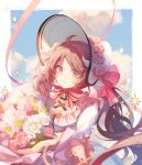  1girl absurdres ahoge ambience_synesthesia animal_ears arknights bantangqubing blue_sky bonnet bouquet bow brown_eyes brown_hair closed_mouth clouds commentary dress eyjafjalla_(arknights) flower hair_bow hat hat_flower highres horns long_hair looking_at_viewer object_hug pink_bow pink_flower pink_rose rose sheep_ears sheep_girl sheep_horns short_sleeves sky smile solo striped striped_bow twintails very_long_hair white_dress white_flower white_headwear 