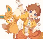  1girl :d arm_up bangs blue_eyes blush brown_eyes brown_hair clenched_hand commentary_request crown dress earrings eyelashes flower_earrings frills gem gloves hand_up jewelry looking_at_viewer medium_hair mini_crown miri_(cherryjelly) open_mouth orange_dress parted_bangs pawmot pokemon pokemon_(creature) princess_daisy puffy_short_sleeves puffy_sleeves short_sleeves simple_background smile super_mario_bros. upper_body white_background white_gloves 