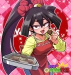  1girl apron artist_name bangs black_hair candy chocolate commentary copyright_name english_text food frying_pan giving hair_ornament half-closed_eyes happy_valentine heart heart-shaped_chocolate high_ponytail holding holding_food holding_pan igami_ichika leaning_forward long_hair long_sleeves looking_at_viewer open_mouth ponytail red_apron red_eyes roba_takahiro rope shirt signature smile solo sparkle standing susume!_ashitabara_gakuen valentine yellow_shirt 