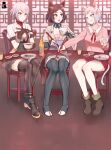  3girls ak-47 animal_ear_fluff animal_ears annoyed assault_rifle boots bowl brown_eyes brown_hair cat_ears cat_girl cat_tail character_request chopsticks closed_mouth eating footjob girls_frontline gloves grey_eyes grey_hair gun holding holding_bowl holding_chopsticks kalashnikov_rifle kuroda_kunika long_sleeves medium_hair mr.takealook multiple_girls open_mouth rifle shirt short_sleeves sitting skirt table tail thigh-highs tongue tongue_out upotte!! vector_(girls&#039;_frontline) weapon yellow_eyes 