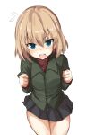  1girl black_skirt blonde_hair blue_eyes blush breasts girls_und_panzer highres katyusha_(girls_und_panzer) looking_at_viewer military military_uniform miniskirt open_mouth pleated_skirt pravda_military_uniform shino_(ten-m) short_hair simple_background skirt small_breasts solo uniform white_background 