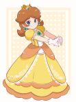 1girl blue_eyes border brooch brown_hair chocomiru closed_mouth dress earrings full_body gloves high_heels highres jewelry long_dress non-web_source polka_dot polka_dot_background princess_daisy smile solo super_mario_bros. super_smash_bros. white_border yellow_dress