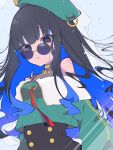  1girl black_eyes black_hair blue_background blue_hair buttons colored_inner_hair commentary_request fate/grand_order fate_(series) green_headwear hat highres i10_ksw long_hair looking_at_viewer multicolored_hair off_shoulder simple_background solo sunglasses tenochtitlan_(fate) two-tone_hair very_long_hair 