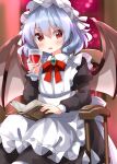  1girl alternate_costume apron bangs bat_wings black_dress black_wings blue_hair blush book chair cup dress drinking_glass enmaided frilled_apron frills hair_between_eyes highres holding holding_cup juliet_sleeves long_sleeves maid maid_apron maid_headdress open_book open_mouth puffy_sleeves red_eyes remilia_scarlet ruu_(tksymkw) short_hair sitting solo touhou white_apron wine_glass wings 