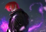  1boy azuma_kyoutarou_(artist) black_background black_jacket commentary fire highres jacket looking_at_viewer male_focus parted_lips purple_fire pyrokinesis red_eyes redhead short_hair signature solo the_king_of_fighters the_king_of_fighters_xv upper_body yagami_iori 