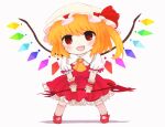  1girl ascot bangs blonde_hair blush bow chibi collared_shirt crystal dress fang flandre_scarlet footwear_bow frills full_body hair_between_eyes hat hat_ribbon holding holding_weapon laevatein_(touhou) looking_at_viewer mob_cap multicolored_wings one_side_up open_mouth pinafore_dress pink_bow pink_socks puffy_short_sleeves puffy_sleeves red_bow red_dress red_eyes red_footwear red_ribbon rei_(tonbo0430) ribbon shadow shirt shoes short_hair short_sleeves simple_background smile socks solo standing tongue touhou weapon white_background white_headwear white_shirt wings wrist_cuffs yellow_ascot 