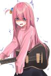  1girl absurdres bangs black_skirt blue_eyes blush bocchi_the_rock! commentary cube_hair_ornament furrowed_brow gotou_hitori guitar hair_between_eyes hair_ornament highres holding holding_instrument instrument jacket long_hair looking_at_viewer maru_ccy nervous_smile one_side_up open_mouth pink_hair pink_jacket scared shaded_face sidelocks simple_background sketch skirt smile solo standing straight_hair sweat trembling very_long_hair white_background 