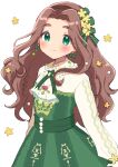  1girl absurdres ascot blush bow brown_hair dress earrings flower green_bow green_dress green_eyes hair_bow hair_flower hair_ornament highres idolmaster idolmaster_cinderella_girls jewelry kahiika kusakabe_wakaba long_hair long_sleeves looking_at_viewer simple_background smile solo two-tone_dress wavy_hair white_background white_dress 