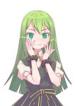  1girl absurdres alina_gray black_bow black_vest blunt_ends bow closed_mouth fur_cuffs green_eyes green_hair highres long_hair looking_at_viewer magia_record:_mahou_shoujo_madoka_magica_gaiden magical_girl mahou_shoujo_madoka_magica pleated_skirt poi_(zjc233333) puffy_short_sleeves puffy_sleeves short_sleeves sidelocks simple_background skirt sleeve_cuffs smile solo straight_hair upper_body vest waist_bow white_background 