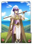  1girl armor bell blue_sky breastplate brown_gloves clouds day dress fire_emblem fire_emblem_cipher fire_emblem_echoes:_shadows_of_valentia flower gloves grass highres holding holding_sword holding_weapon jingle_bell long_hair looking_at_viewer nature outdoors pelvic_curtain purple_dress purple_hair saikunartworks serious short_hair_with_long_locks side_slit sky solo sword violet_eyes weapon yuzu_(fire_emblem) 