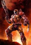  1boy armor artist_logo breastplate doom_(2016) doom_(series) doomguy feet_out_of_frame fire gloves harymachinegun helmet holding holding_weapon leg_armor muscular muscular_male orange_theme science_fiction shoulder_armor solo standing weapon 