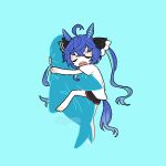  1girl ahoge animal_ears bare_arms bare_legs bare_shoulders barefoot black_shorts blue_background blue_hair body_pillow chibi closed_eyes horse_ears horse_girl horse_tail object_hug open_mouth pillow pillow_hug pprs08 sharp_teeth shirt short_sleeves shorts simple_background solo stuffed_animal stuffed_shark stuffed_toy tail teeth twin_turbo_(umamusume) twintails twitter_username umamusume upper_teeth_only watermark white_shirt 