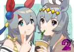  2girls :3 ahoge animal_ears anniversary aqua_eyes bangs brown_jacket closed_mouth cup disposable_cup drinking drinking_straw grey_hair hair_ornament hairband hand_up headband holding holding_cup horse_ears jacket long_hair looking_at_viewer multicolored_hair multiple_girls oguri_cap_(umamusume) rongai_rongai shirt single_bare_shoulder smile tamamo_cross_(umamusume) umamusume upper_body v violet_eyes white_shirt 