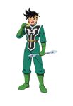  1boy absurdres ankle_boots arm_at_side artist_request belt black_hair bodysuit boots brown_belt brown_eyes dragon_quest dragon_quest_dai_no_daibouken full_body gloves green_bodysuit green_footwear green_gloves guardian_tales hand_up headband highres holding holding_staff looking_at_viewer male_focus official_art one_eye_closed open_mouth pop_(dragon_quest_dai_no_daibouken) short_hair simple_background solo staff standing tachi-e transparent_background yellow_headband 