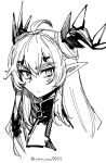  1girl ahoge arknights bangs character_request closed_mouth greyscale hair_between_eyes highres horns long_hair looking_at_viewer monochrome pointy_ears simple_background solo twitter_username upper_body white_background yom_(ymayma00ss) 