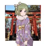  1girl alternate_costume alternate_hair_length alternate_hairstyle arms_at_sides bare_tree blush bow cherry_blossom_print closed_mouth commentary_request day eyes_visible_through_hair floral_print framed green_hair hair_bow japanese_clothes kagerou_project kido_tsubomi kimono koyon light_frown looking_to_the_side mekakucity_actors multicolored_bow obi obijime outdoors photo_background print_kimono purple_kimono sash short_hair solo torii tree two-tone_sash upper_body violet_eyes white_sash wide_sleeves yellow_sash 