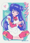  1girl absurdres apron bangs barefoot brown_eyes chama_kou character_name chinese_clothes closed_mouth double_bun film_grain full_body hair_bun heart highres indian_style long_hair long_sleeves purple_hair ranma_1/2 shampoo_(ranma_1/2) sidelocks sitting smile solo speech_bubble takahashi_rumiko_(style) twitter_username tying_hair white_apron 