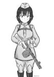 1girl absurdres boots epaulettes feet_out_of_frame greyscale gun hat highres holding holding_gun holding_weapon indie_virtual_youtuber light_blush looking_at_viewer military military_hat military_uniform monochrome pants porotto_yontouhei pouch ppsh-41 short_hair simple_background smile solo soviet soviet_army star_(symbol) twitter_username uniform virtual_youtuber vlasha_(vtuber) weapon