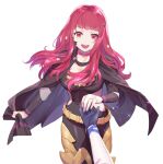  1girl 1other alear_(fire_emblem) ambiguous_gender belt black_bodysuit black_cape bodysuit cape choker clothing_cutout commentary_request fire_emblem fire_emblem_engage hair_ornament heavelle holding_hands jewelry long_hair looking_at_viewer open_mouth out_of_frame pink_choker pov pov_hands red_eyes redhead ring simple_background smile star_(symbol) star_hair_ornament teeth upper_teeth_only white_background yellow_belt yunaka_(fire_emblem) 