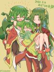  bangs blush carrying carrying_person closed_eyes demon_horns draco_centauros dragon_girl dragon_horns dragon_tail dragon_wings fang futaba969649 green_footwear green_hair green_skirt hand_on_another&#039;s_head highres horns lidelle_(puyopuyo) long_hair long_sleeves madou_monogatari pointy_ears puyopuyo satan_(puyopuyo) short_hair skirt tail wings yellow_background 