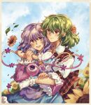  2girls :d bangs blue_sky closed_mouth commentary english_commentary field flower flower_field green_hair highres hug kabocha1408 kazami_yuuka komeiji_satori long_sleeves looking_at_another looking_at_viewer multiple_girls open_mouth outdoors plaid plaid_vest purple_hair red_eyes red_vest shirt short_hair sky smile sunflower third_eye touhou vest violet_eyes white_shirt 