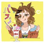 1girl ahoge animal_ears bangs blush brown_hair clenched_hand closed_mouth eighth_note food heart holding holding_spoon horse_ears ice_cream inaho_soji jacket jewelry jungle_pocket_(umamusume) medium_hair musical_note necklace off_shoulder orange_jacket single_bare_shoulder smile solo sparkling_eyes spoon sundae tank_top tongue tongue_out umamusume v-shaped_eyebrows yellow_background yellow_eyes