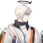  1boy arknights bangs blue_eyes detached_wings executor_(arknights) grey_hair grey_wings hair_between_eyes halo high_collar highres jacket male_focus motohatsu profile simple_background solo white_background white_jacket wings 