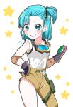  1girl aqua_eyes aqua_hair armlet asymmetrical_pants bandaid bandaid_on_cheek bandaid_on_face belt blush bulma detached_sleeves dragon_ball dragon_ball_(classic) dragon_radar gloves goggles goggles_around_neck grin highres ouba_reiya shirt side_ponytail single_detached_sleeve smile solo standing thigh_pouch white_shirt 