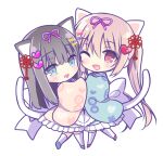  2girls ;d animal_ears apron bangs black_hair blue_eyes blue_footwear blue_kimono blush bow brown_hair brown_kimono cat_ears cat_girl cat_tail commentary_request fang frilled_kimono frills hair_between_eyes hair_bow hair_ornament hair_ribbon hairclip heart heart_hair_ornament japanese_clothes kimono long_hair long_sleeves multiple_girls one_eye_closed original pink_ribbon purple_bow red_bow red_eyes red_footwear ribbon shiwasu_horio shoes simple_background smile tail thigh-highs twintails very_long_hair white_apron white_background white_thighhighs wide_sleeves yellow_bow 